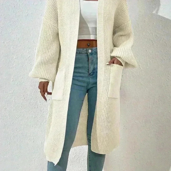 Beige Casual Women's Dual Pocket Drop Shoulder Open Front Cardigan - Picture 4 of 8